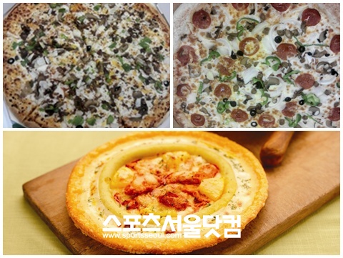 ▲ 롯데마트-불고기피자(위쪽 시계방향), 홈플러스-콤비네이션피자, 피자헛-미니 피자