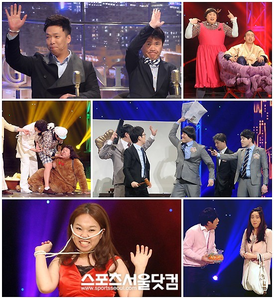 ▲'개그투나잇' MC 박준형-강성범. '미저리'팀, '최고의 직업'팀, '적반하장'팀, 홍현희, '하오 앤 차오'팀(왼쪽 위부터 시계방향으로). /이새롬 기자