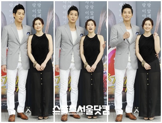 ▲배우 정성운과 최정윤이 다정한 포즈로 포토타임을 갖고 있다. / 배정한 기자