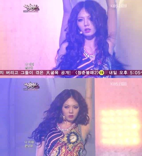 ▲포미닛 현아가 립싱크 무대에서 자신의 파트를 노래하지 않아 논란이 일고 있다./KBS2 '뮤직뱅크' 방송캡처