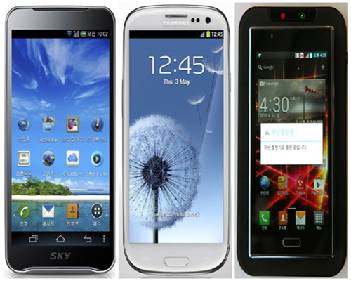 스마트폰 춘추전국시대의 막이 올랐다.팬텍의 '베가레이서2', 삼성의 '갤럭시S3', LG의 '옵티머스 LTE2' (왼쪽부터).