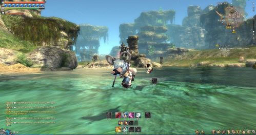 내용물위를 달리는 수상비를 보이고 있는 블소 소환사 캐릭터. 주변의 화려한 배경이 눈길을 사로잡는다.