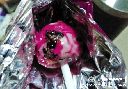 중국에서 바퀴벌레가 박힌 막대사탕이 나와 논란이 일고 있다./웨이보 캡처