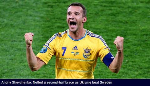  안드리 셰브첸코(우크라이나)가 스웨덴전에서 2골을 넣었다. / 스카이 스포츠 캡처
