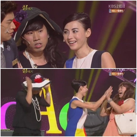 중화권 미녀 배우 장백지가 KBS2 '개그콘서트'에 출연해 빛나는 예능감을 발휘하고 있다./KBS2 화면캡처