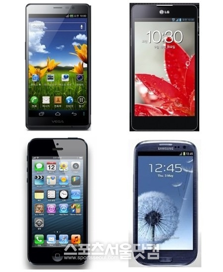 2012년을 장식한 스마트폰. 베가R3, 옵티머스G, 갤럭시S3, 아이폰5. (왼쪽 위부터 시계방향)