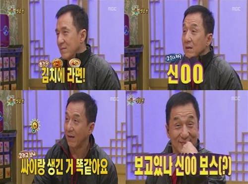 청룽이 라면에 관한 애정을 표현하며 입담을 뽐내고 있다./MBC '무릎팍도사' 방송 캡처