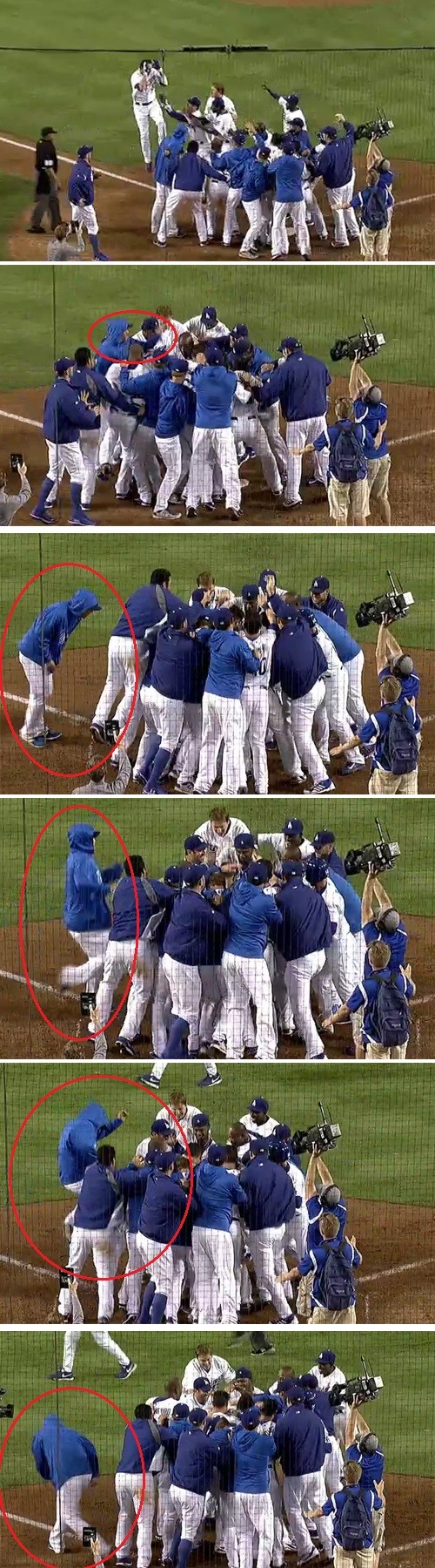 LA 다저스 류현진이 11일 열린 애리조나 다이아몬드백스와 홈 경기에서 연장 11회말 스캇 반 슬라이크의 끝내기 홈런이 터지자 동료를 축하하고 있다. / 유튜브 영상 캡처