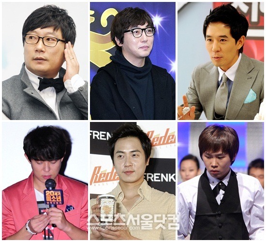 




검찰이 연예인 불법 도박 수사 결과를 발표했다. 왼쪽 위부터 시계 방향으로 이수근, 탁재훈, 붐, 양세형, 앤디, 토니안 
