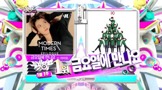 가수 아이유가 3일 오후 생방송으로 진행된 KBS2 '뮤직뱅크'에서 정규 3집 수록곡 '금요일에 만나요'로 보이그룹 엑소를 제치고 1월 첫째 주 1위에 올랐다./KBS2 '뮤직뱅크'방송 캡처