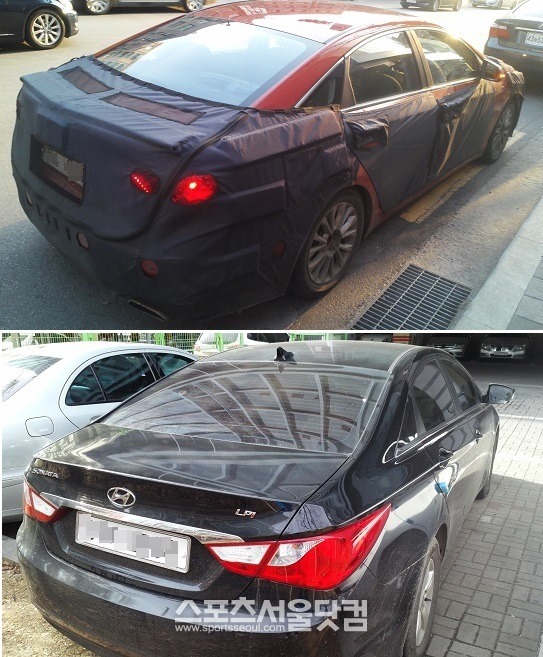 후면은 위장막에 완전히 둘러싸여 두 모델의 직접 비교가 어렵지만 LF 쏘나타의 배기구가 좀 더 커진 것을 확인할 수 있다.