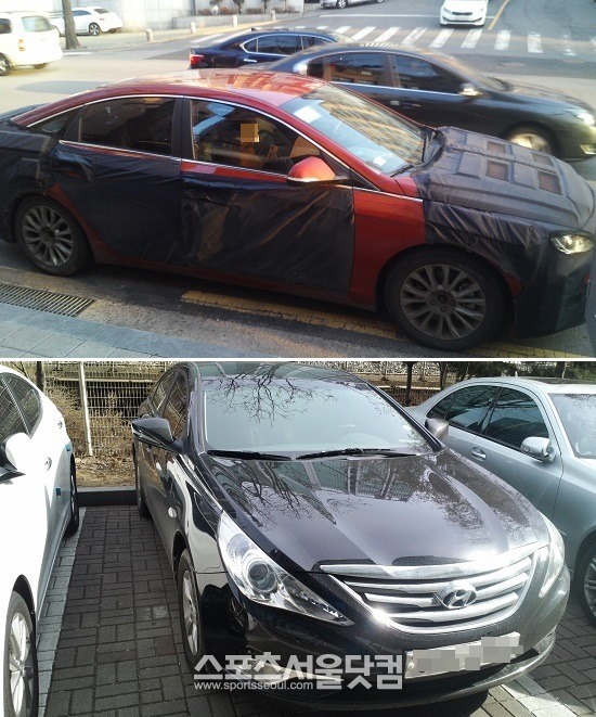 LF 쏘나타(위)의 측면은 위장막에 가려 잘 보이지 않았으나 살짝 비친 측면은 평범한 듯 보였다.