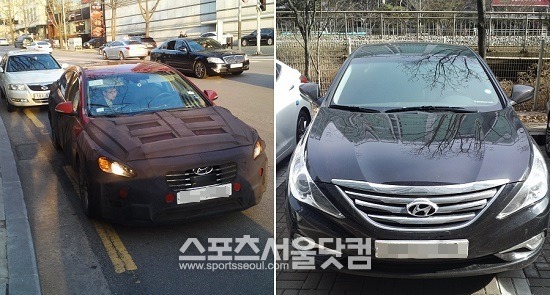 6일 <더팩트>에 찍힌 NF 쏘나타(왼쪽)는 이전 모델인 YF 쏘나타보다 라디에이터 그릴이 더 커지고 헤드라이트 부분이 확연히 달랐다./신진환 인턴기자