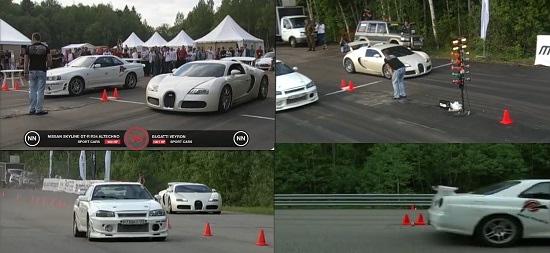 최근 유튜브에 부가티의 베이론과 닛산의 GT-R(R34)이 속도대결하는 영상이 올라왔다. 두 차량은 직선주로에서 엄청난 속도로 달리며 자존심을 건 속도 경쟁을 펼친다. /유튜브 영상 캡처