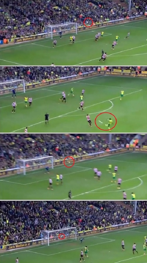 노리치 시티 미드필더 알렉산더 테테이가 23일 잉글랜드 노리치의 캐로우 로드에서 열린 2013~2014시즌 잉글리시 프리미어리그 31라운드 선덜랜드와 홈 경기에서 대포알 발리 슈팅으로 골을 터뜨리고 있다. / 유튜브 영상 캡처