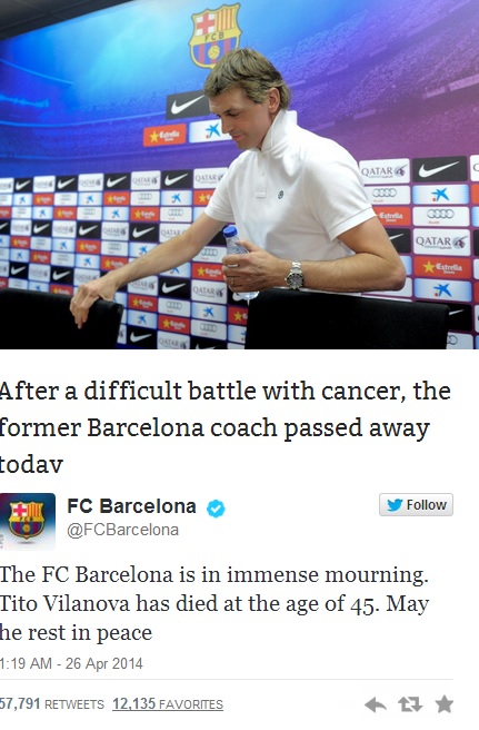 티토 빌라노바 전 FC 바르셀로나 감독이 26일 세상을 떠난 가운데 축구계 인사들이 애도의 뜻을 밝혔다. / 유럽 언론 캡처