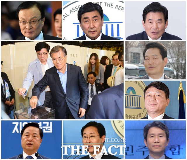 더불어민주당 차기 당 대표 경쟁 대진표가 사실상 확정됐다. 사진은 민주당 이해찬(왼쪽 위부터 시계방향)·이종걸·김진표·송영길·최재성·이인영·박범계·김두관 의원. 큰 사진은 2016년 8·27 전당대회에서 당시 문재인 전 대표가 투표하는 모습. /더팩트 DB