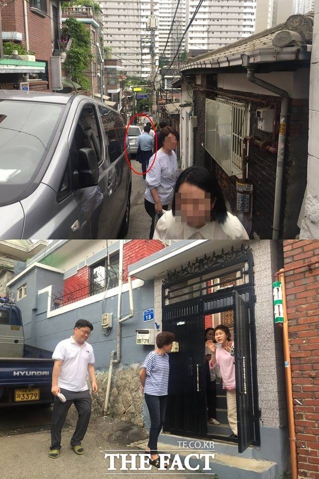 박 시장은 주민과 보좌진이 선 쪽을 힐끗 돌아보고선 바삐 걸음을 옮겼다. 사진은 출근을 위해 급히 차에 오르는 박 시장(위)과 그를 배웅하는 강 여사(아래) 모습. /임현경 인턴기자