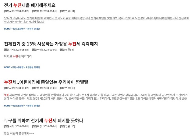 청와대 국민청원게시판에 '누진'이라고 검색하자 누진제 폐지를 요청하는 청원글이 1000건 가까이 검색됐다. /청와대 국민청원게시판 갈무리