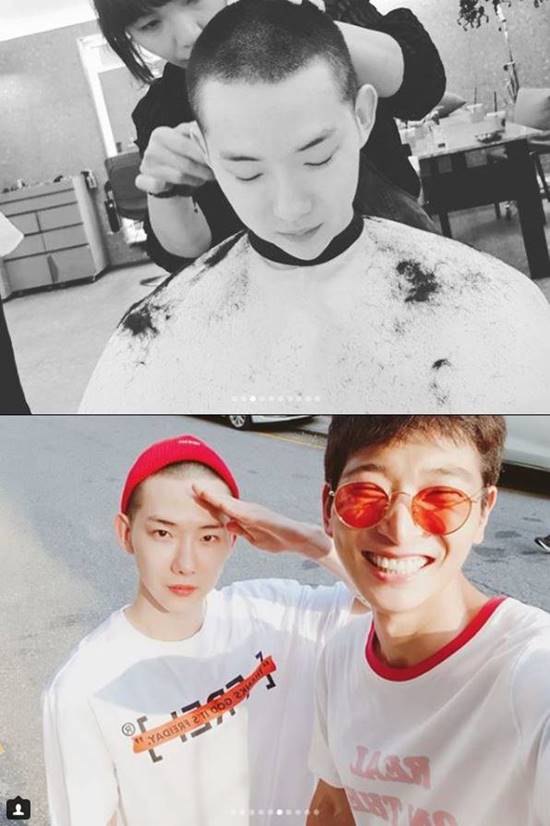 가수 조권(위)이 오늘(6일) 현역 입대하는 가운데 삭발한 사진을 공개했다. 조권은 입대 전 정진운 등 지인들과 시간을 보냈다. /조권 인스타그램