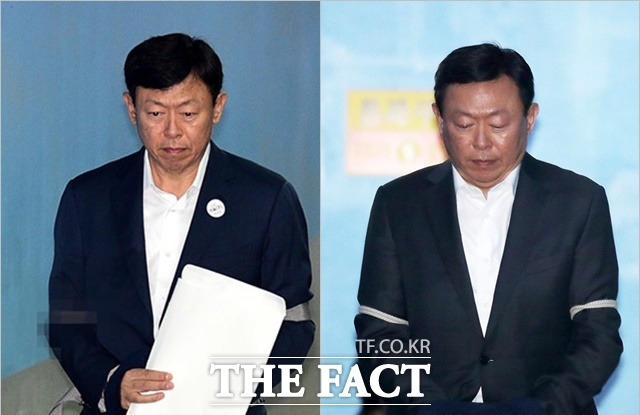 신동빈 롯데그룹 회장이 지난 2월 13일 뇌물공여 혐의로 1심에서 징역 2년 6개월의 실형을 선고받고 법정 구속된지 6개월을 넘어서면서 몰라보게 살이 빠진 모습이다. 사진은 29일 항소심 결심공판(왼쪽)과 지난 2월 13일 1심 선고 공판 때 신 회장의 모습. /임세준·남용희 기자