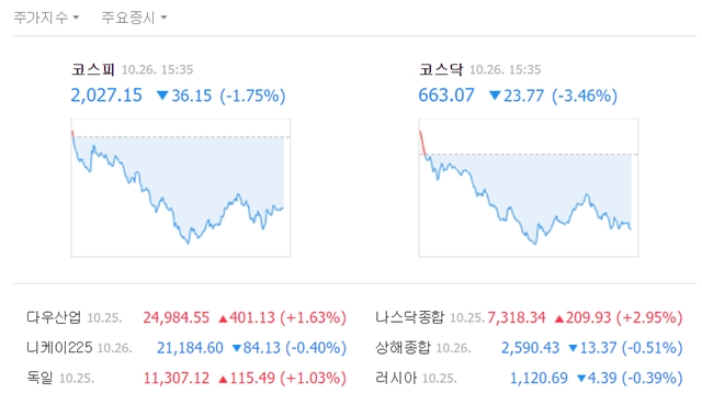 이날 코스피 지수는 전날보다 36.15포인트(1.75%) 떨어진 2027.15에 거래를 마쳤다. /네이버 캡처
