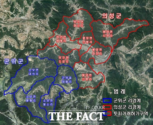 대구경북 통합신공항 이전 예정지 와 인근 지역인 군위군 4개리(군위읍 대흥리, 소보면 내의·봉소·봉황리). 26.7㎢, 의성군 7개리(봉양면 신평·안평·화전·사부리, 비안면 도암·쌍계·화신리) 36.8㎢ 등 총 면적 63.5㎢가 오는 2025년 9월 7일까지 5년간 토지거래허가 구역으로 지정됐다.사진은 토지거래허가 구역 지정도면./경북도제공