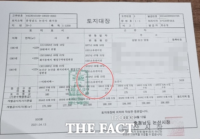 논산시청 임기제 공무원이 도시재생 뉴딜 사업 정보를 대학 교수에게 사전 유출했다는 의혹이 제기된 해당 부지 토지대장 / 논산=이병렬기자