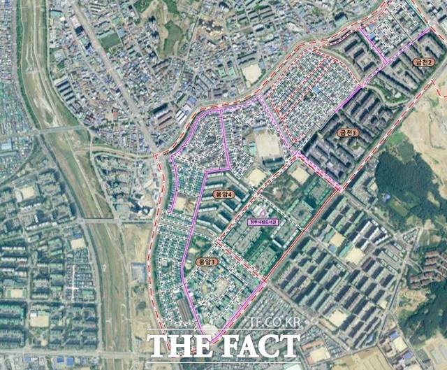 청주시가 정보통신기술(ICT)을 이용해 옥산면 일원(27㎞)과 금천동, 용암동 일원(21㎞)의 노후 상수도관을 세척한다. 금천동과 용암동 사업 계획도. / 청주시 제공