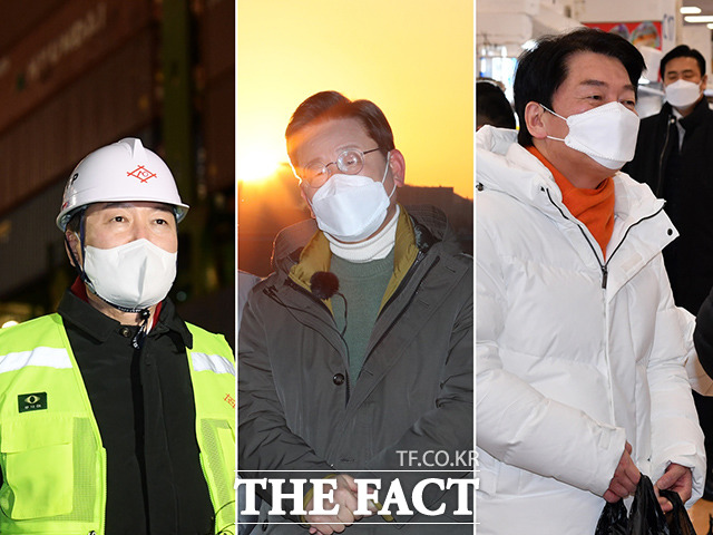 (왼쪽부터) 윤석열 국민의힘 대선 후보와 이재명 더불어민주당 대선 후보, 안철수 국민의당 대선 후보는 임인년(壬寅年) 첫날인 1일 오전부터 대선 행보를 시작했다. 윤 후보는 인천 연수구 선광신컨테이너터미널을 하역 현장을 방문해 근로자들을 격려했고, 이 후보는 배우자인 김혜경 씨와 동작구 노들섬에서 일출을 감상하며 온라인으로 새해 덕담을 전했다. 안 후보는 아침 일찍 노량진수산시장을 찾아 배우자 김미경 서울대학교 교수와 함께 장을 보며 민심을 살폈다. /이선화 기자