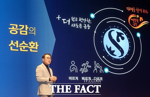 신한금융그룹은 지난 3일 서울시 중구에 위치한 신한금융 본사에서 조용병 회장을 비롯한 그룹 경영진이 참석한 가운데 '2022년 신한경영포럼'을 개최했다. 이날 행사에서 신한금융 조용병 회장이 CEO특강을 하고 있다. /신한금융그룹 제공