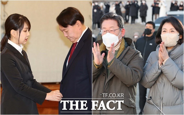 이번 설에는 대선 후보와 가족을 둘러싼 도덕성 논란이 밥상머리에 오늘 전망이다. 윤석열 후보 부부, 이재명 후보 부부. /청와대 제공, 국회사진취재단