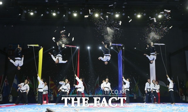 세계태권도연맹 시범단의 공연 장면/세계태권도연맹 시범단