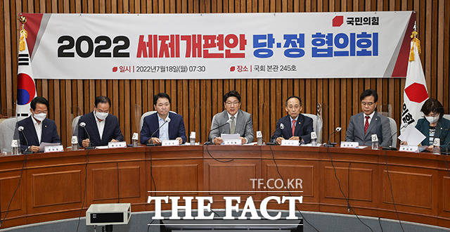 권성동 국민의힘 대표 직무대행 겸 원내대표가 18일 서울 여의도 국회에서 열린 2022 세제개편안 당정협의회에서 모두발언을 하고 있다. /이선화 기자