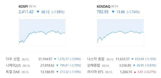 이날 코스닥 지수는 전 거래일(796.79)보다 1.74%(13.86포인트) 하락한 782.93으로 장을 마무리 지었다. /네이버 증권정보 캡처