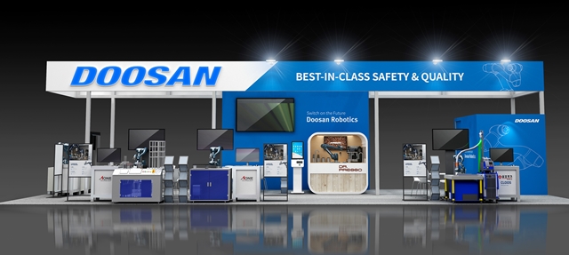 두산로보틱스가 '2022 창원국제용접·절단자동화전'에 참가, 협력사와 함께 개발한 다양한 로봇 용접 솔루션을 소개한다. 사진은 부스 랜더링 이미지. /두산 제공