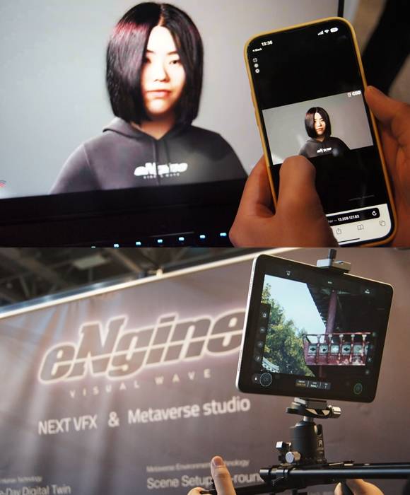 위쪽은 하루 만에 제작한 디지털 휴먼을 스마트폰과 노트북으로 구동하고 있는 것. 아래쪽은 광대역 환경 스캔 작업으로 변환된 세트장 전경. /엔진비주얼웨이브 제공