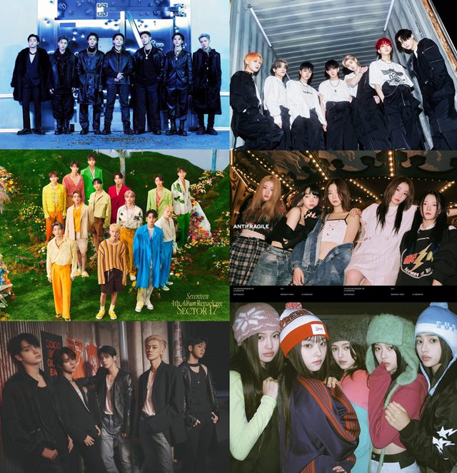 하이브 레이블즈 아티스트들(방탄소년단, 엔하이픈, 르세라핌, 뉴진스, 투모로우바이투게더, 세븐틴-왼쪽 위부터 시계방향)이 써클차트 연간 '톱 송'에 대거 이름 올렸다. /하이브 제공