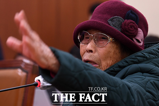 제 강제동원 피해자 양금덕 할머니가 13일 오전 서울 여의도 국회에서 열린 외교통일위원회 전체회의에 참고인으로 출석해 발언하고 있다. /국회=남용희 기자