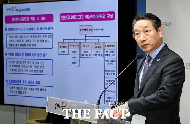 유정복 인천시장이 25일 시청 브리핑룸에서 인천유나이티드 FC 혁신계획을 발표하고 있다./인천시