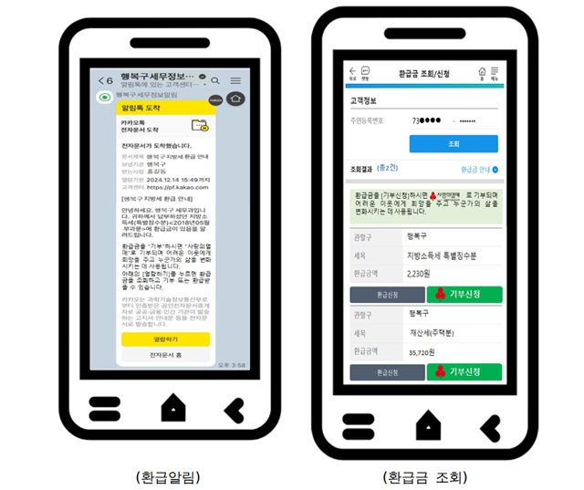 서울시가 납세자에게 신속한 환급금 안내를 위해 카카오톡 알림 발송을 추가해 시행하고 있다. 사진은 환급 알림 및 환급 조회 결과 화면. /서울시