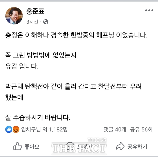 홍준표 대구시장이 4일 사회관계망서비스(SNS)를 통해 비상계엄과 관련한 입장을 밝혔다./ 홍준표 시장 페이스북 캡처