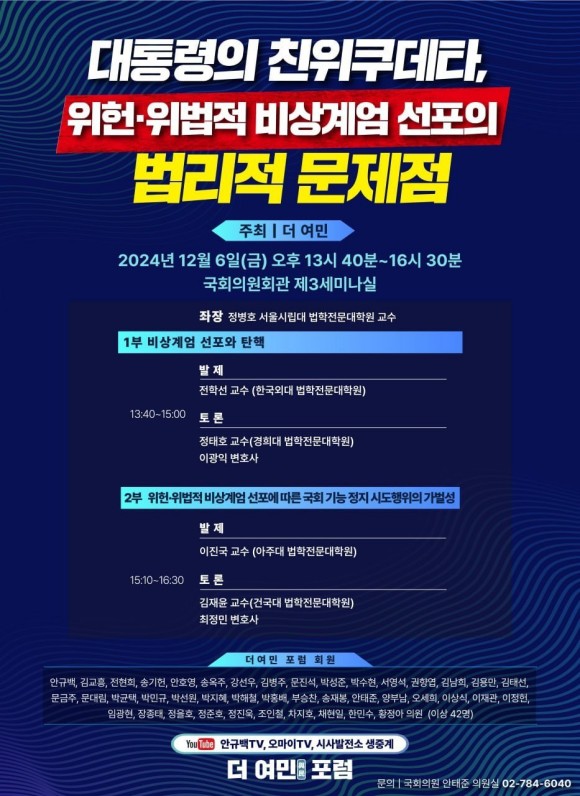 더불어민주당 국회의원 모임인 더 여민이 윤석열 대통령의 비상계엄 선포 사태와 관련한 형사처벌 필요성을 주제로 긴급토론회를 개최한다. /더 여민 제공