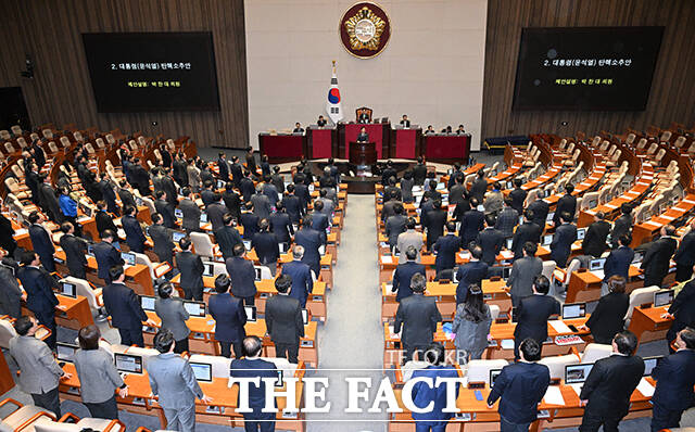 박찬대 더불어민주당 원내대표가 윤석열 대통령 탄핵소추안에 대한 제안설명을 진행 중인 가운데 여당 의원들이 자리에서 일어나 국민의힘 의원들의 이름을 호명하고 있다. /국회=박헌우 기자