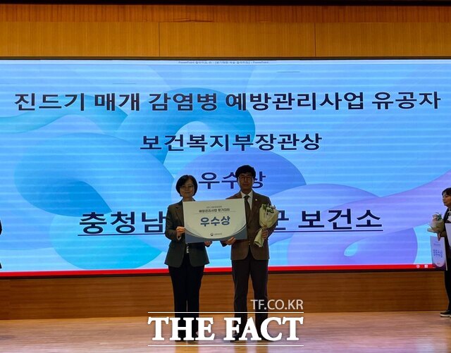 서천군보건소(소장 나성구, 오른쪽)가 2024년 진드기 매개 감염병 예방관리 사업에서 우수기관으로 선정돼 보건복지부 상관상을 수상하고 있다. / 서천군