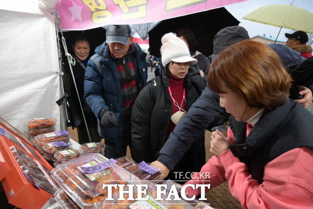 ‘제22회 양촌곶감축제’가 15일까지 3일간 논산시 양촌면 인천리 일원에서 열린 가운데 방문객들이 곶감을 구매하고 있다. /논산시