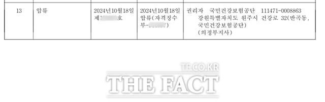 <더팩트> 취재진이 조 씨가 소유한 경기 용인시의 아파트의 등기사항전부증명서를 확인한 결과 국민건강보험공단은 지난 10월 18일 조 씨 아파트를 압류 조치했다. /등기사항전부증명서 캡처