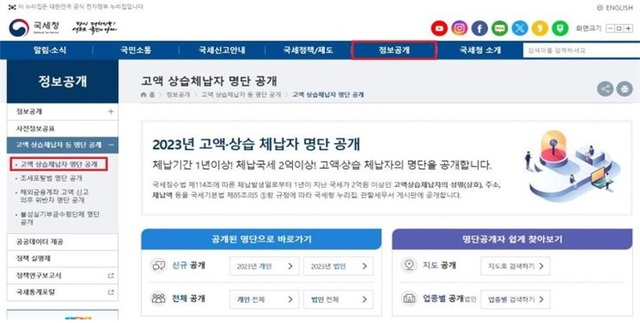 국세청은 2024년 고액·상습체납자 개인 6033명, 법인 3633개 명단을 17일 국세청 홈페이지에 공개했다. /국세청