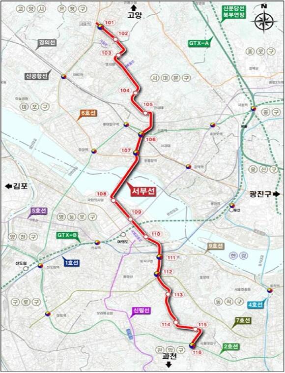 서부선이 16년 만에 민간투자사업심의위원회 심의를 통과했다. 사진은 서부선 노선도. /서울시