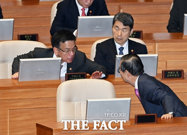 한 권한대행에 대한 탄핵안이 국회를 통과하면 최상목 부총리 겸 기획재정부 장관이 권한대행을 이어받는다. 사진은 최 부총리(왼쪽)와 한 권한대행이 이야기를 나누는 모습. /배정한 기자